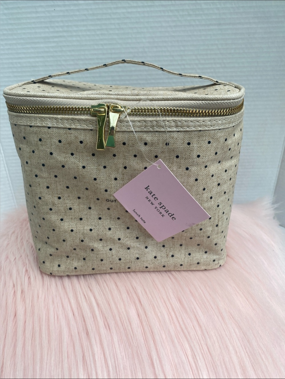 kate spade Beige Polka Dot Lunch Cosmetic Case with Gold Zipper
